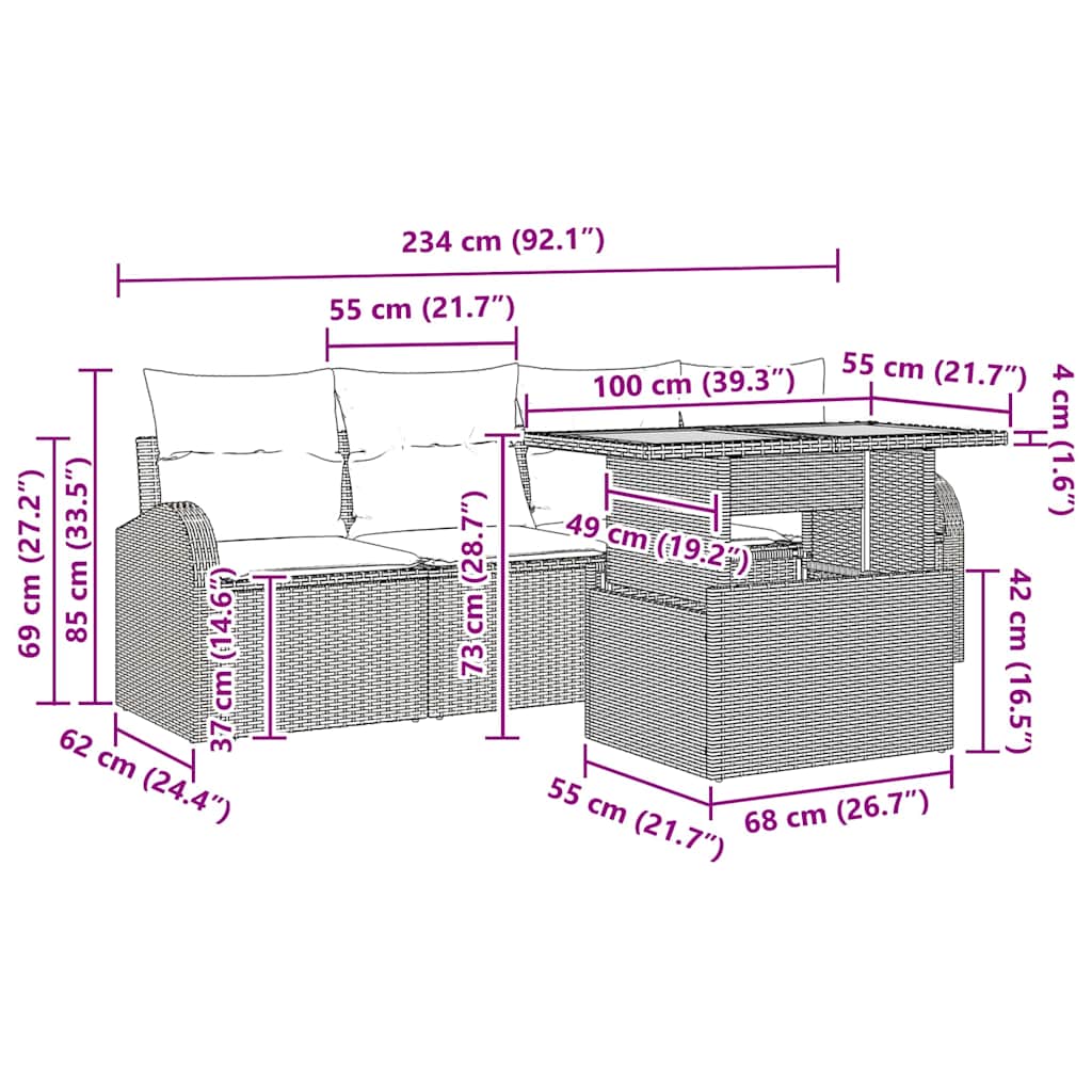 Garten-Sofa-Set 5 pcs Schwarz und Creme 100 x 55 x 73 cm