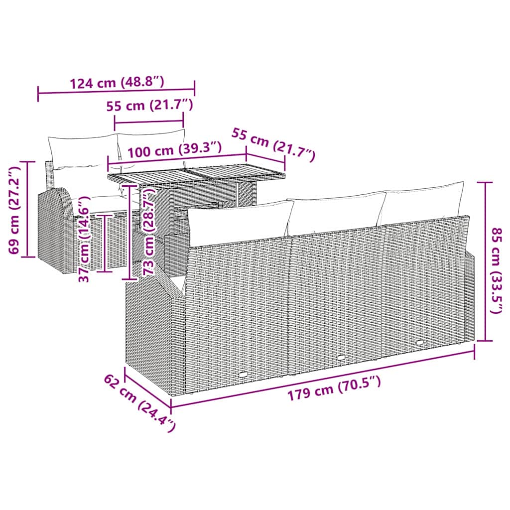 Garten-Sofa-Set mit Kissen 6 pcs Schwarz 100 x 55 x 73 cm
