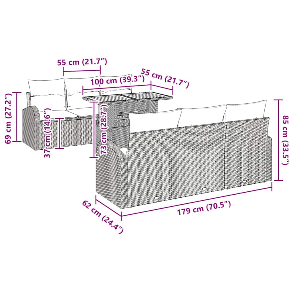 Garten-Sofa-Set mit Kissen 7 pcs Schwarz 100 x 55 x 73 cm