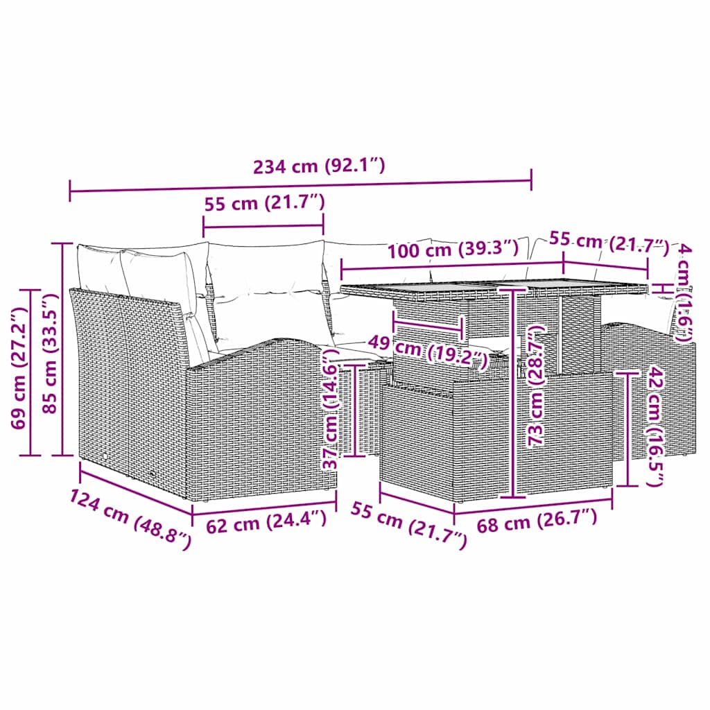 Garten-Sofa-Set mit Kissen 7 pcs Schwarz 100 x 55 x 73 cm