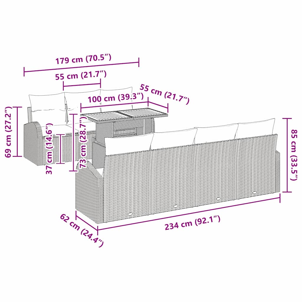 Garten-Sofa-Set mit Kissen 8 pcs Schwarz 100 x 55 x 73 cm