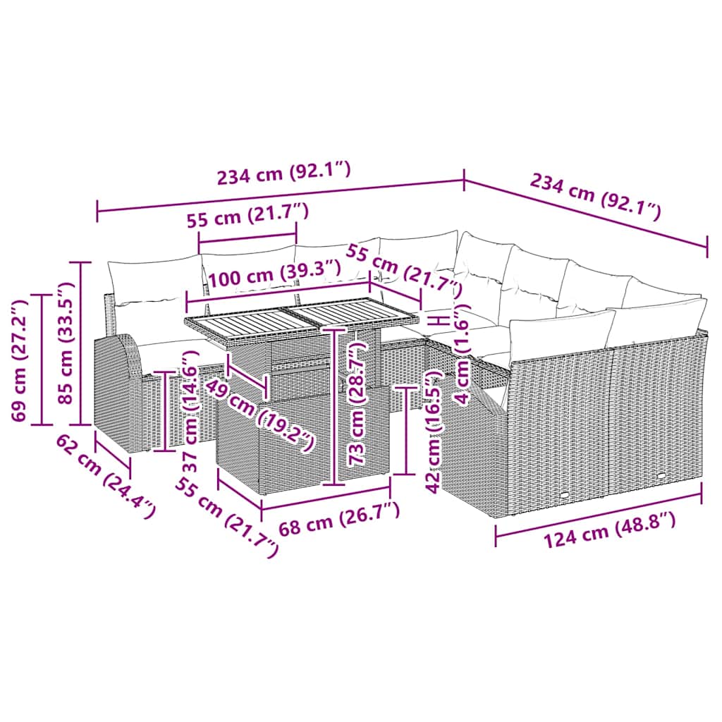 Garten-Sofa-Set mit Kissen 9 pcs Grau 100 x 55 x 73 cm