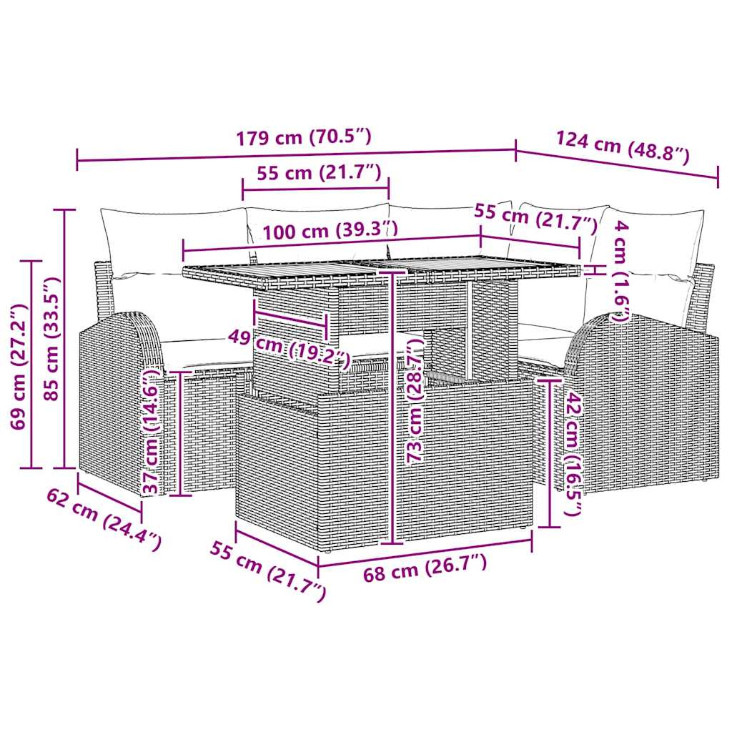 Garten-Sofa-Set mit Kissen 5 pcs Grau 100 x 55 x 73 cm
