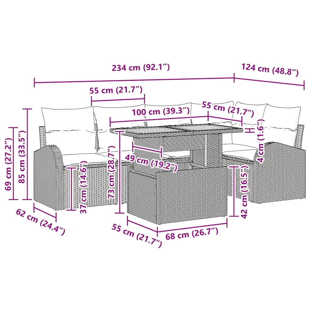 Garten-Sofa-Set 6 pcs Schwarz und Creme 100 x 55 x 73 cm