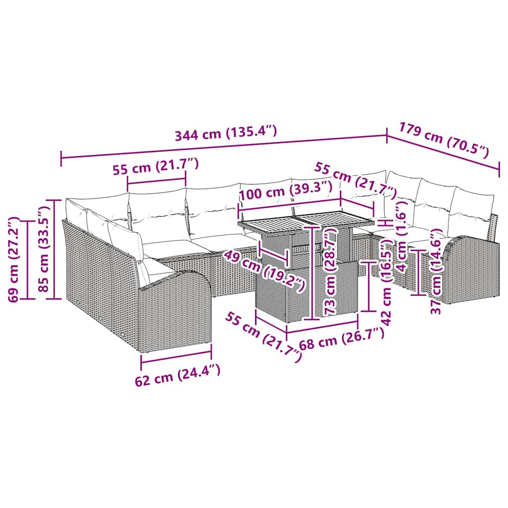 Garten-Sofa-Set 11 pcs Schwarz und Creme 100 x 55 x 73 cm