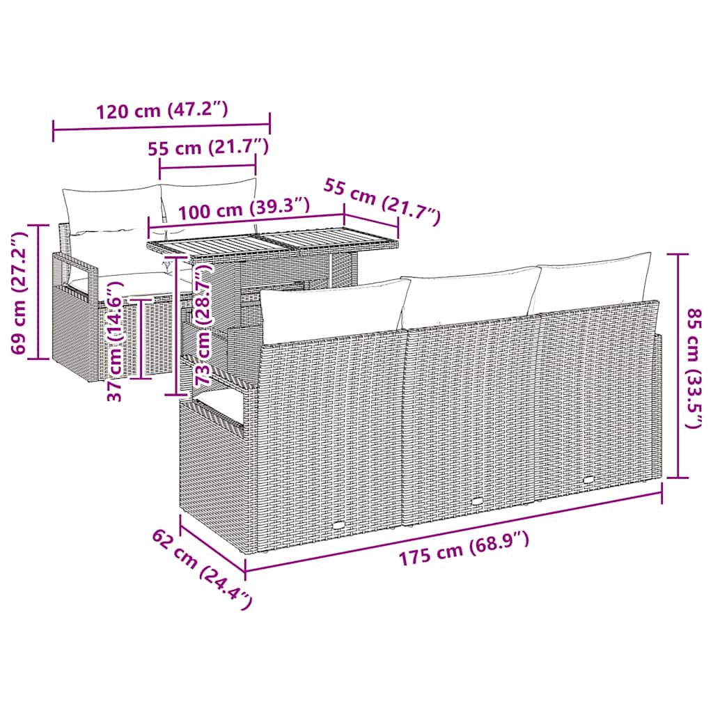 Garten-Sofa-Set 6 pcs Schwarz und Creme 100 x 55 x 73 cm