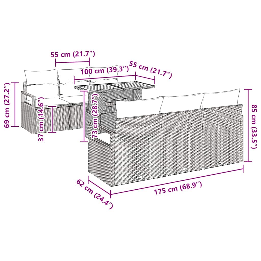 Garten-Sofa-Set 7 pcs Schwarz und Creme 100 x 55 x 73 cm