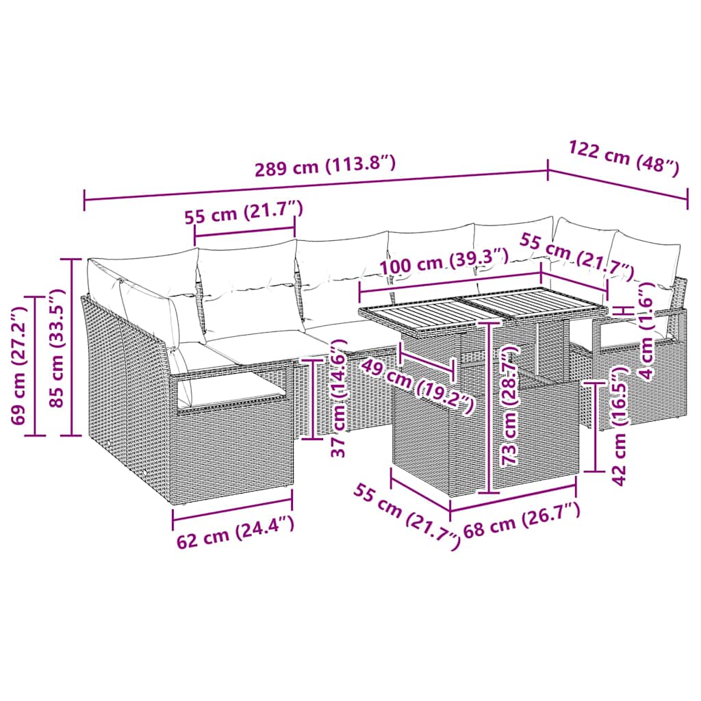 Garten-Sofa-Set 8 pcs Schwarz, Braun 100 x 55 x 73 cm