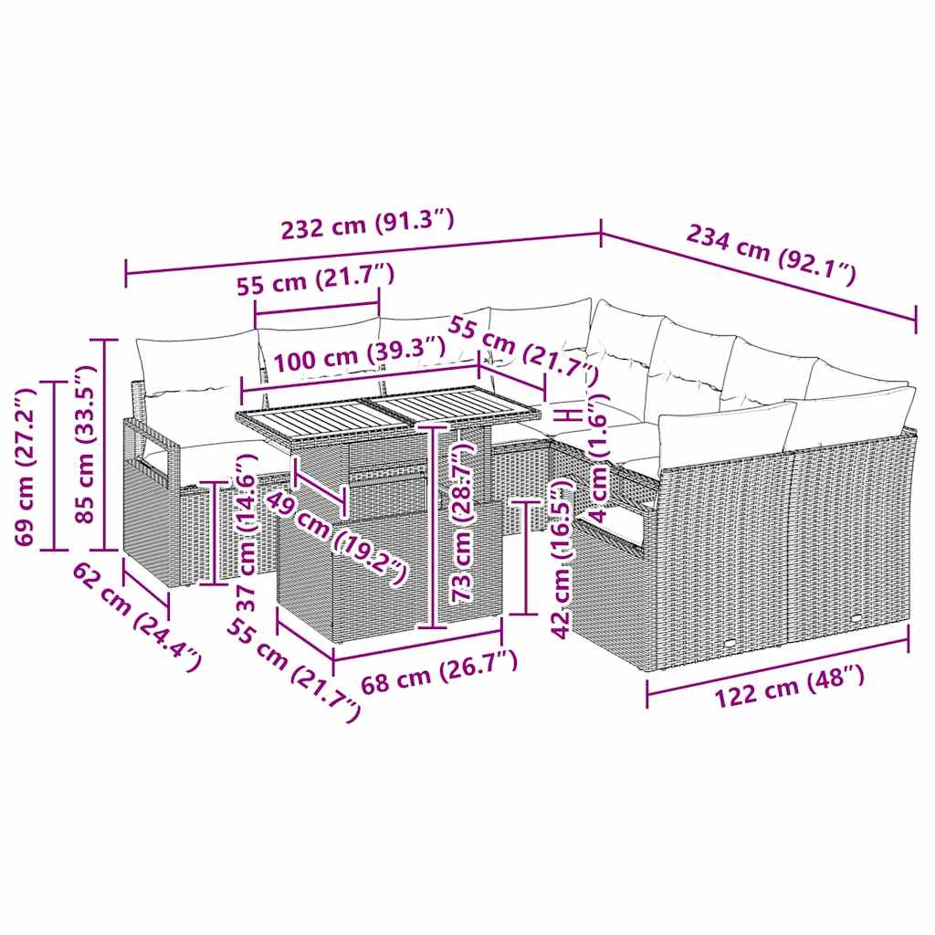 Garten Essgruppe 9 pcs Schwarz und Creme 100 x 55 x 73 cm