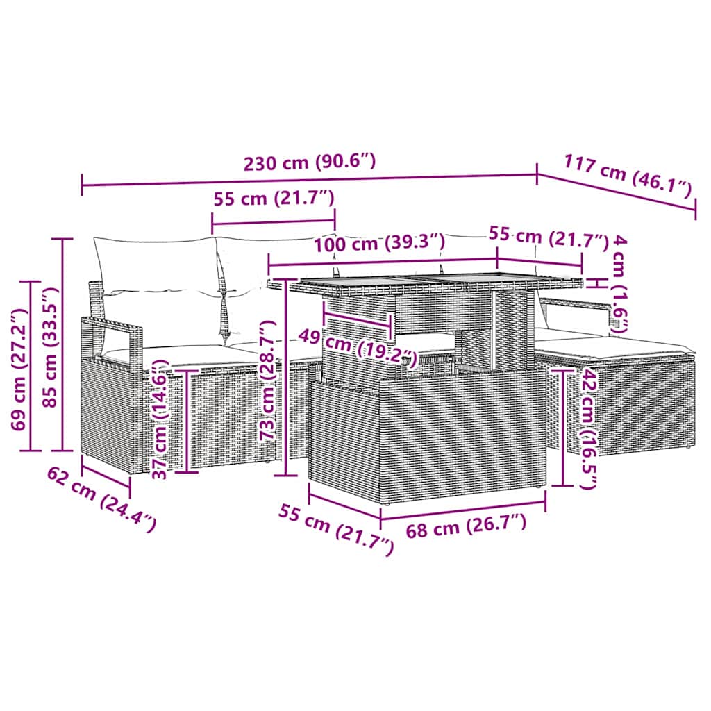Garten Essgruppe mit Kissen 6 pcs Grau, Braun