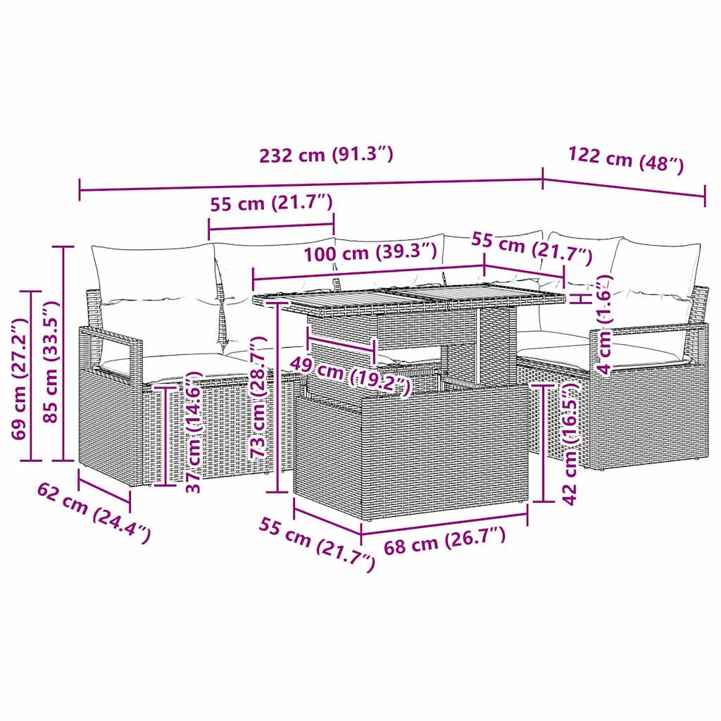 Garten Essgruppe 6 pcs Schwarz und Creme 100 x 55 x 73 cm
