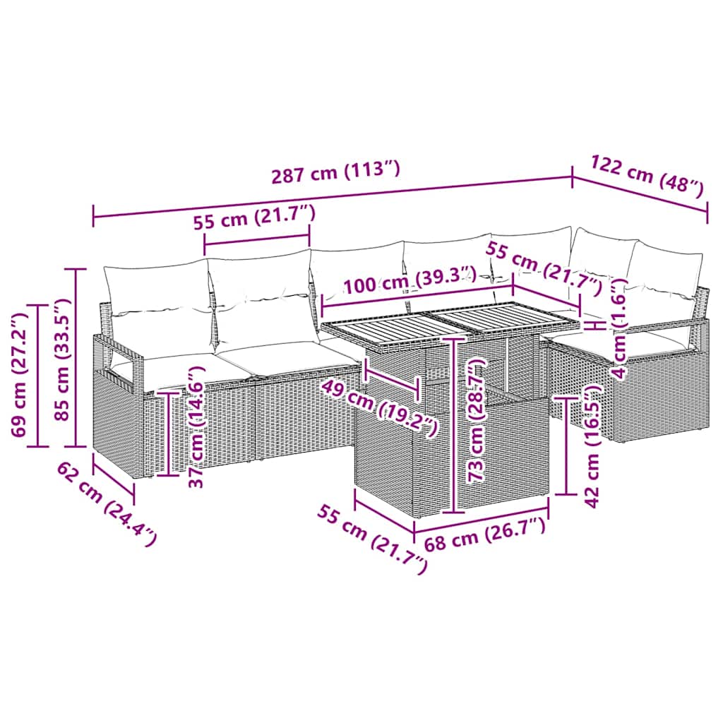 Garten Essgruppe 7 pcs Schwarz und Creme 100 x 55 x 73 cm