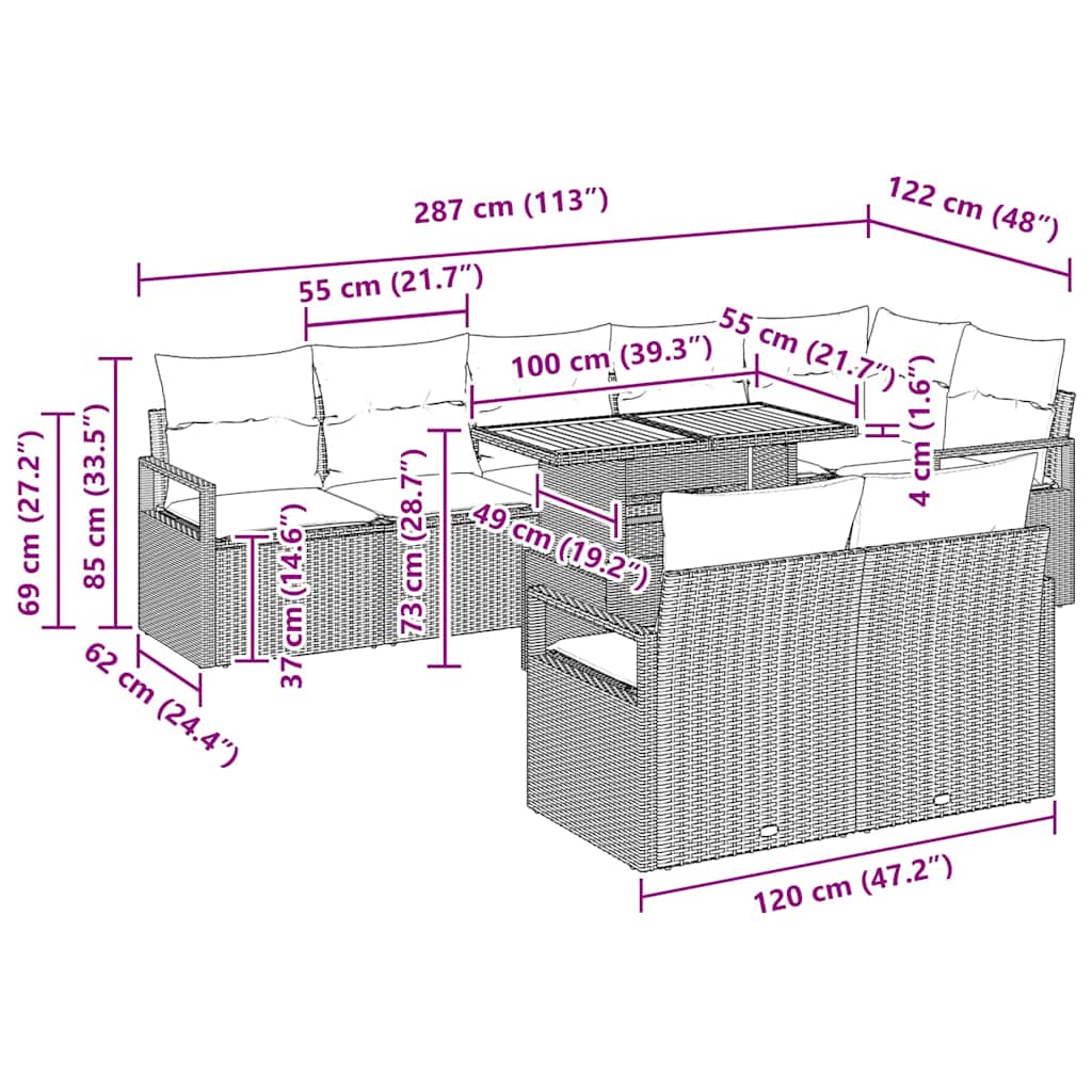Garten-Sofa-Set 9 pcs Schwarz und Creme 100 x 55 x 73 cm