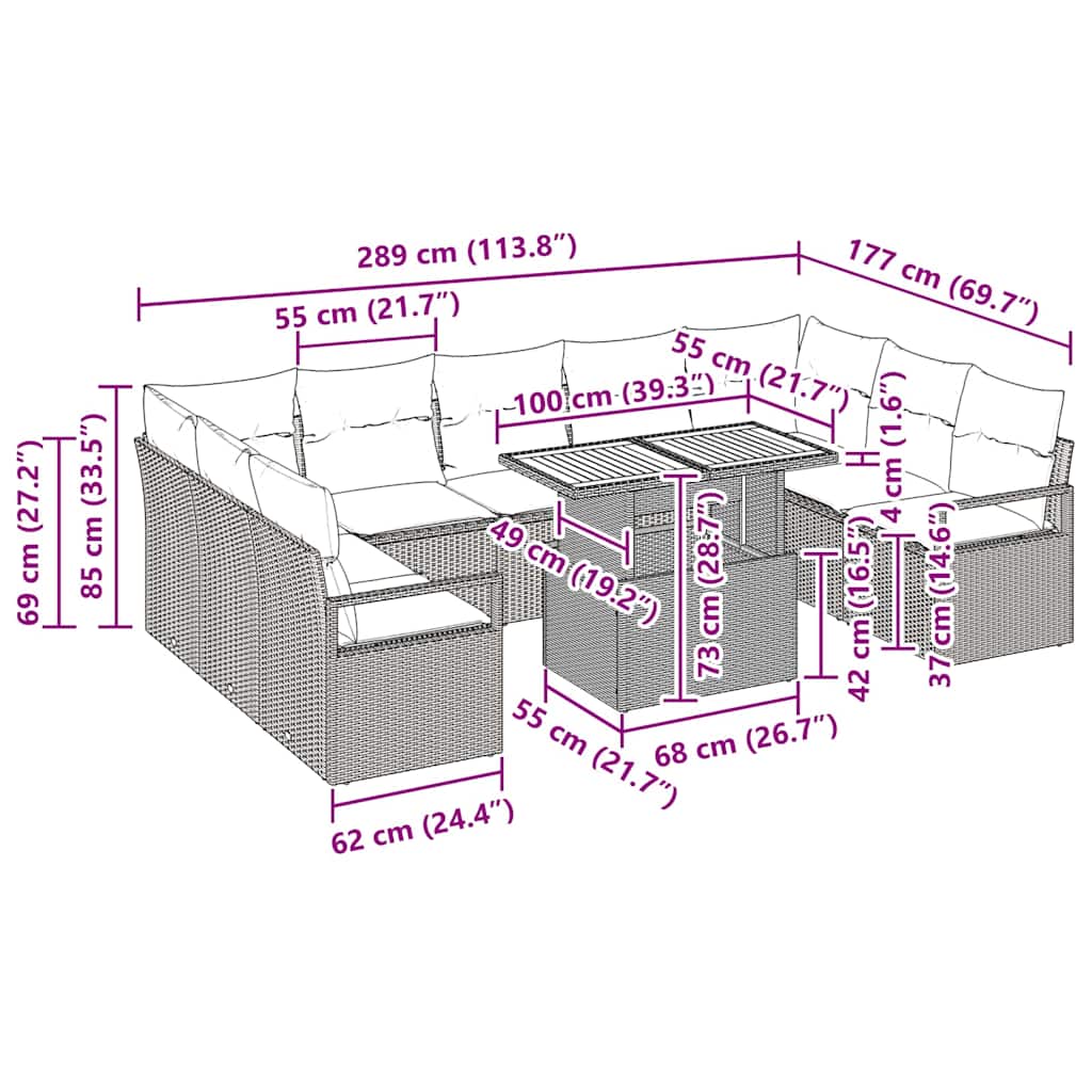 Garten-Sofa-Set 10 pcs Schwarz und Creme 100 x 55 x 73 cm