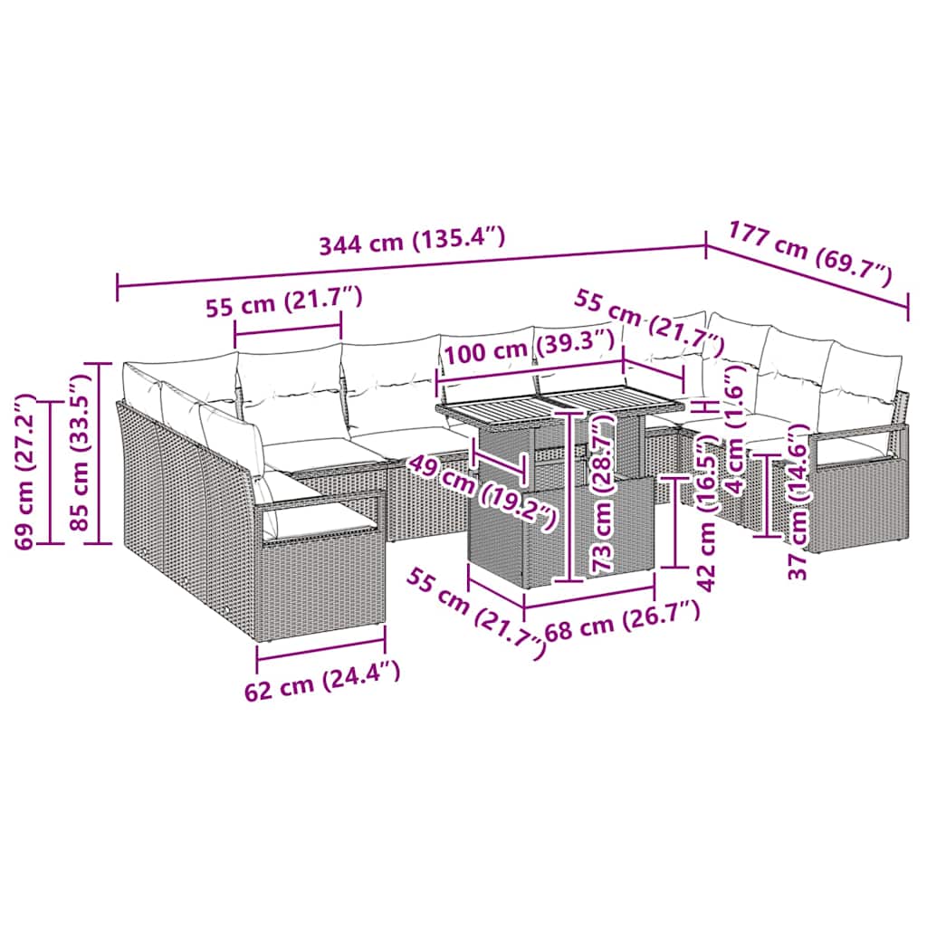 Garten-Sofa-Set mit Kissen 11 pcs Grau, Braun 100 x 55 x 73 cm