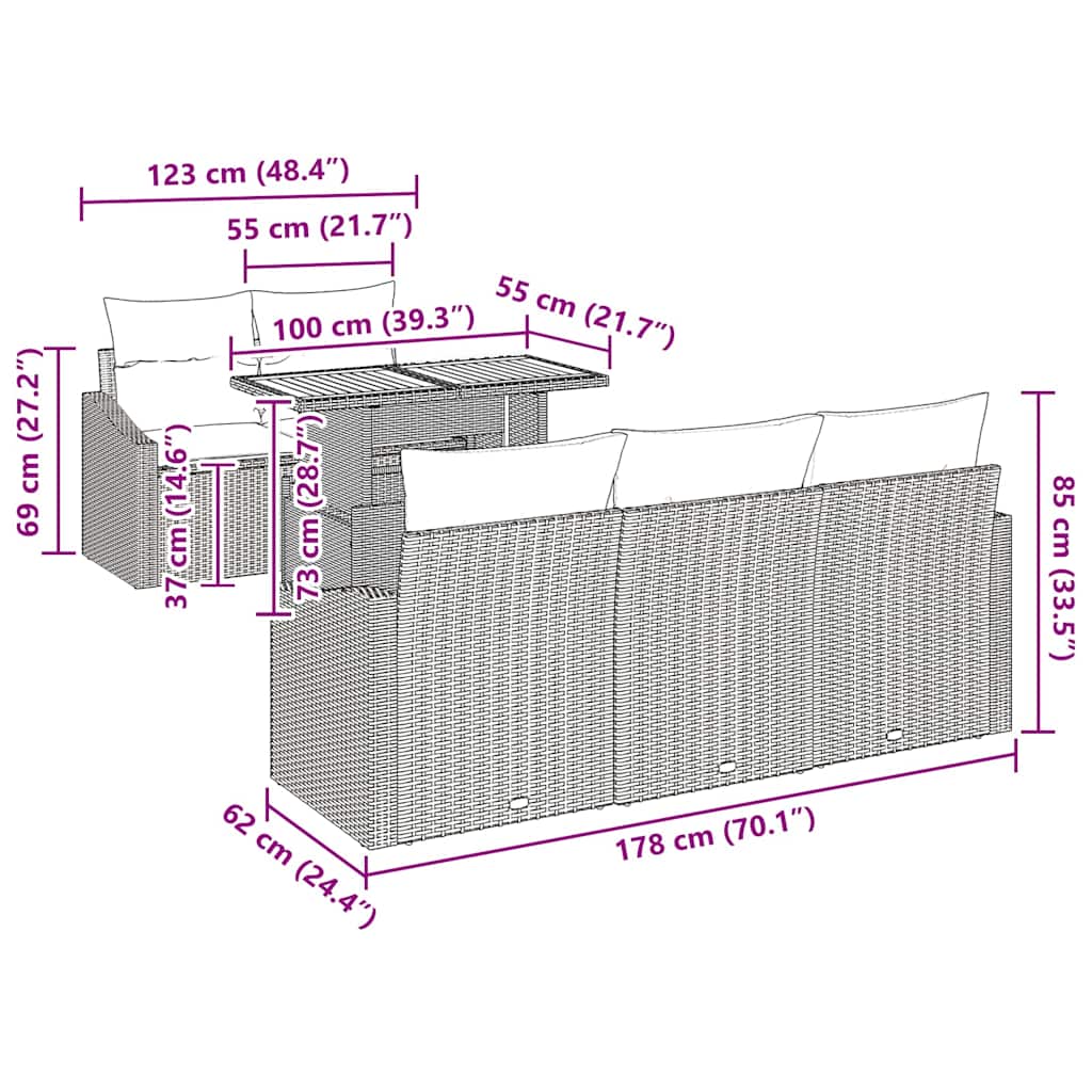 Garten Essgruppe mit Kissen Schwarz und Creme 100 x 55 x 73 cm