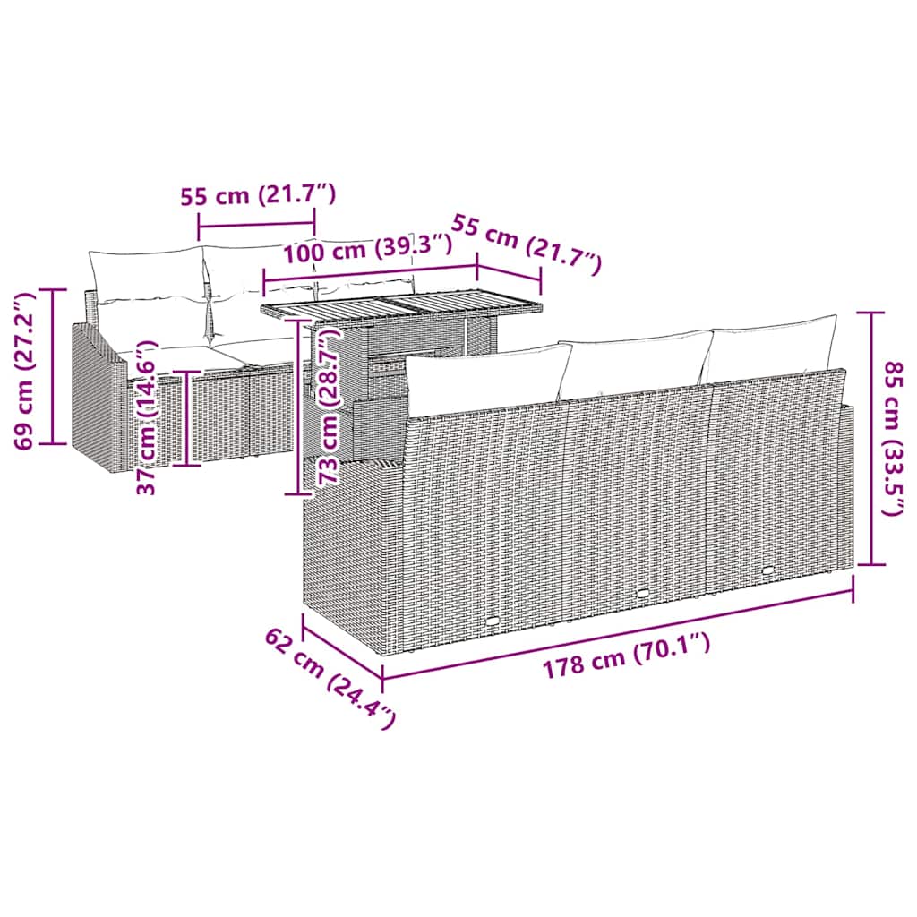 Garten-Sofa-Set mit Kissen mit Kissen 7 pcs Schwarz und Creme