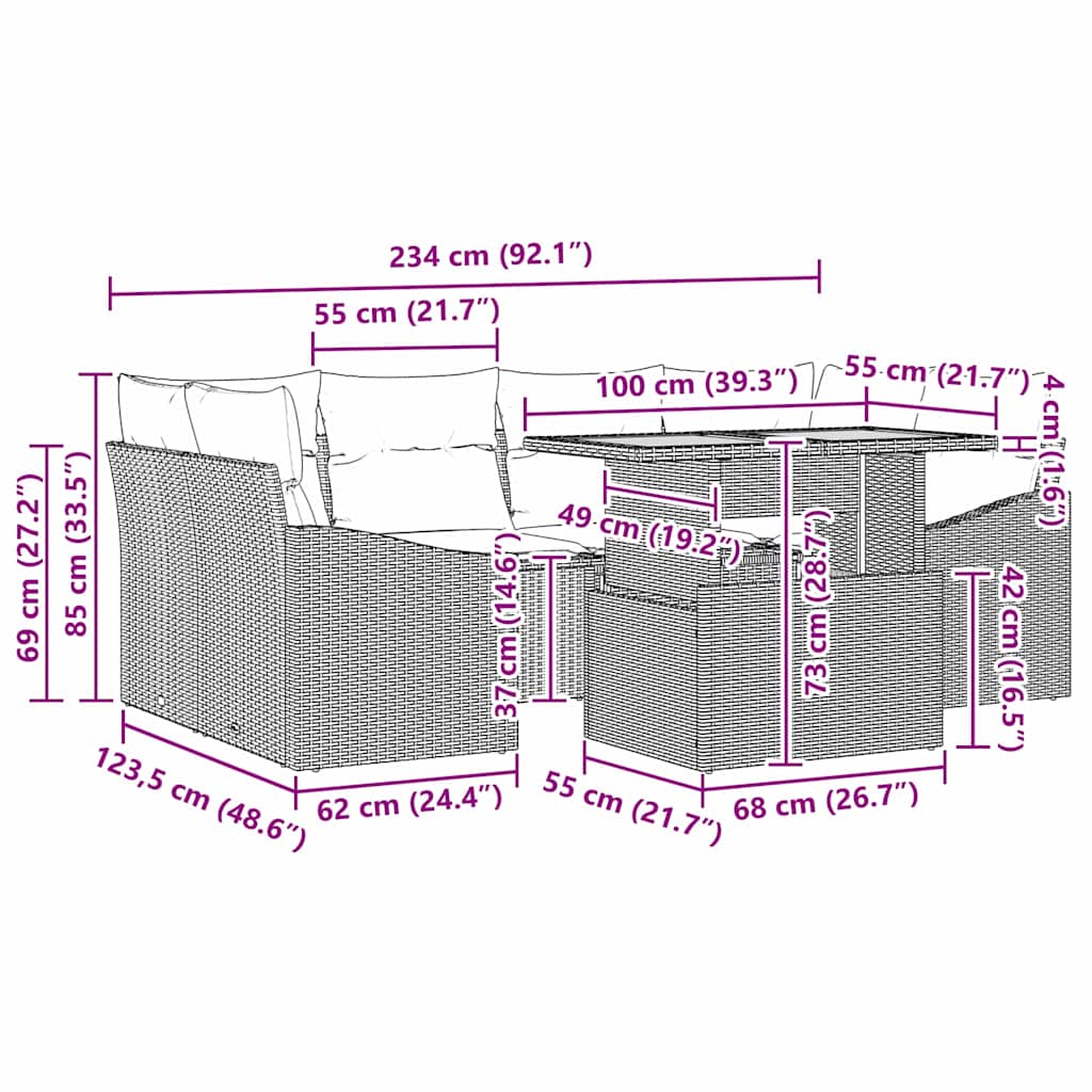 Garten Essgruppe mit Kissen Schwarz, Braun 100 x 55 x 73 cm