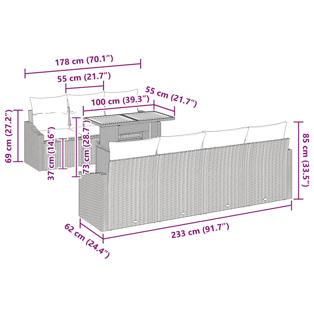 Garten Essgruppe mit Kissen Grau und Braun 100 x 55 x 73 cm