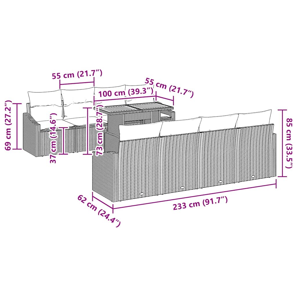 Garten Essgruppe 9 pcs Schwarz und Creme 100 x 55 x 73 cm