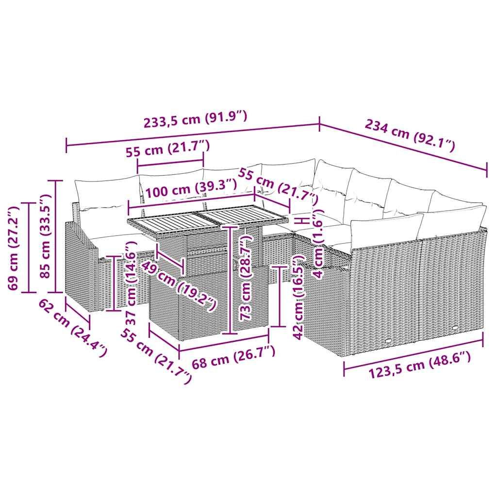 Garten Essgruppe mit Kissen Schwarz und Creme 100 x 55 x 73 cm