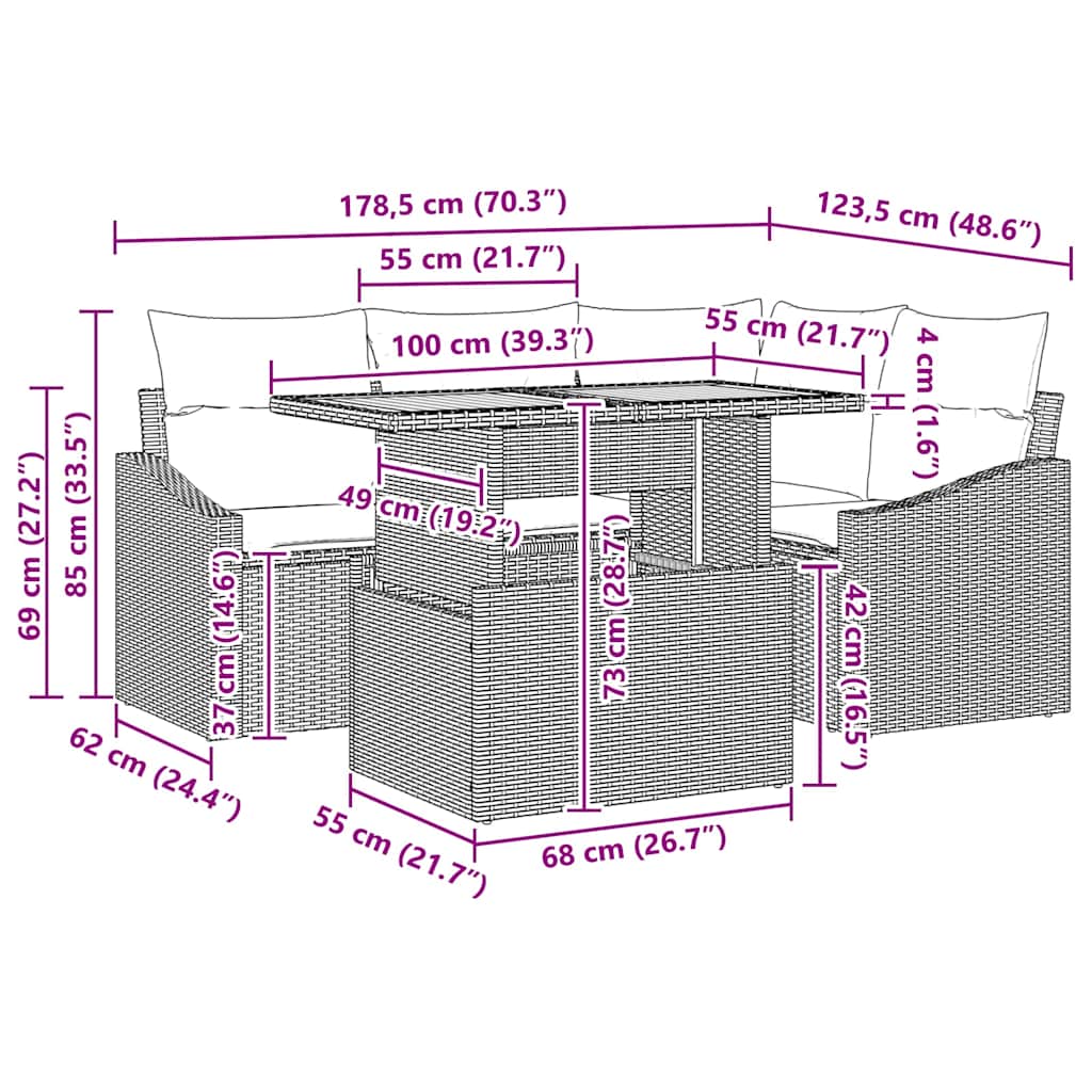 Garten Essgruppe mit Kissen Beige, Grau 100 x 55 x 73 cm