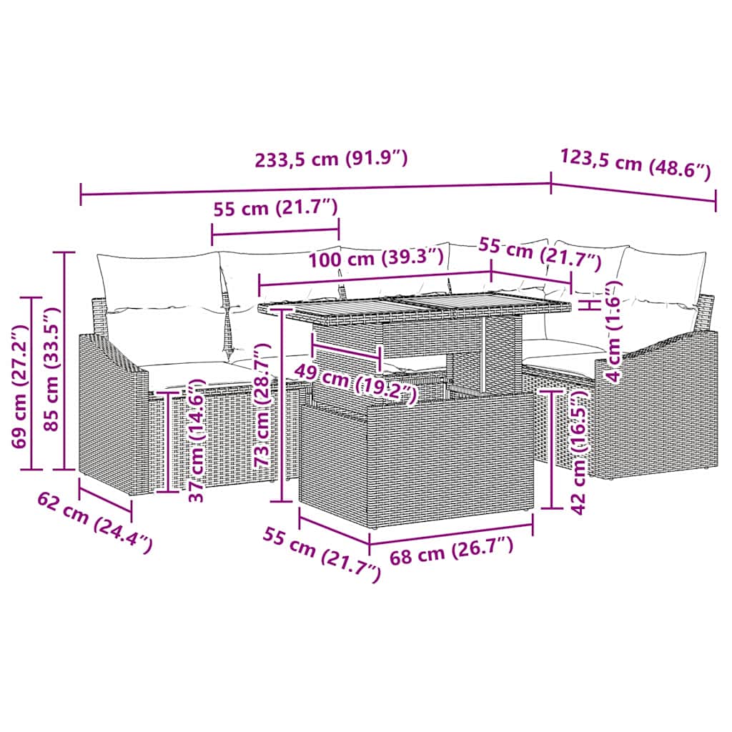 Garten Essgruppe mit Kissen Grau und Braun 100 x 55 x 73 cm