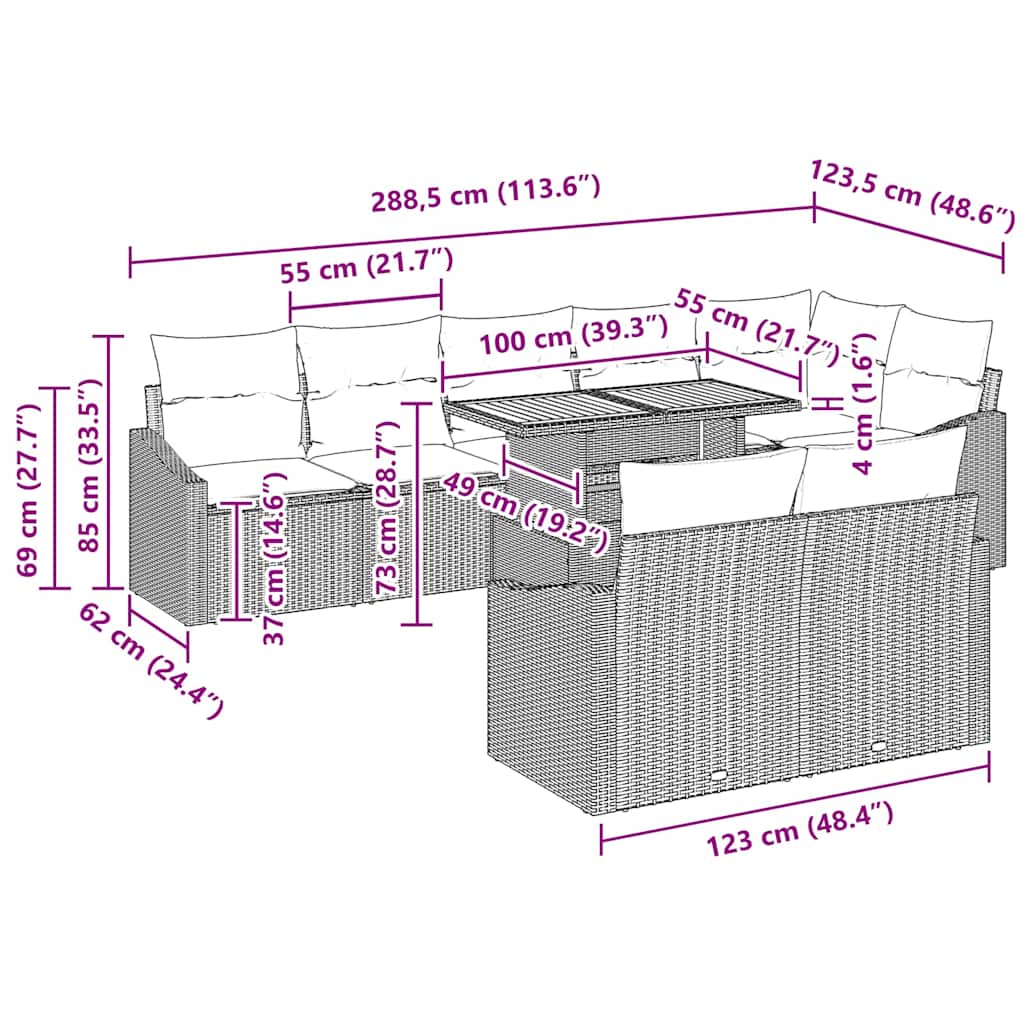 Garten-Sofa-Set 9 pcs Schwarz und Creme 100 x 55 x 73 cm