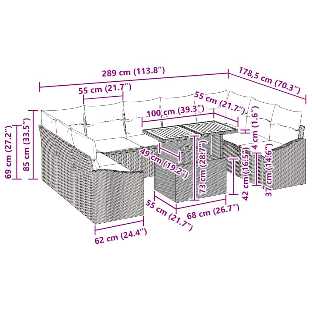 Garten Essgruppe 10 pcs Grau und Braun 100 x 55 x 73 cm