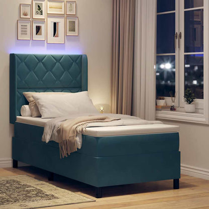 LED Boxspringbett mit Matratze Blau 90 x 190 cm Samt