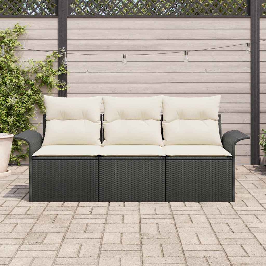 Garten-Sofa-Set mit Kissen 3 pcs Schwarz Poly Rattan