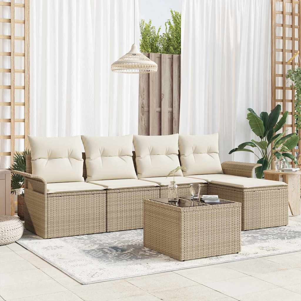 Garten-Sofa-Set mit Kissen mit Speicher 6 pcs Beige Poly Rattan