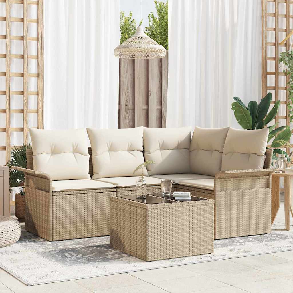 Garten-Sofa-Set mit Kissen mit Speicher 5 pcs Beige Poly Rattan