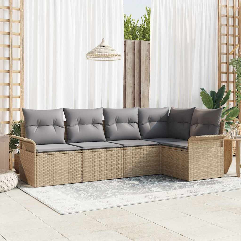 Garten-Sofa-Set mit Kissen mit Speicher 5 pcs Beige Poly Rattan