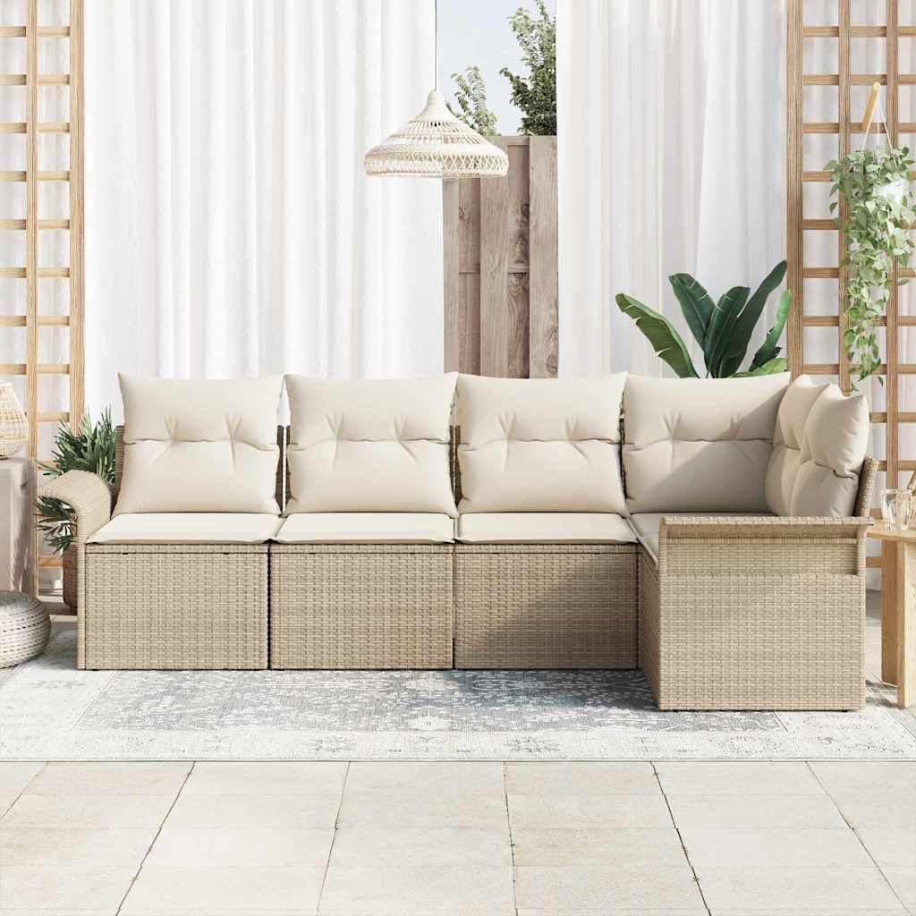 Garten-Sofa-Set mit Kissen mit Speicher 5 pcs Beige Poly Rattan