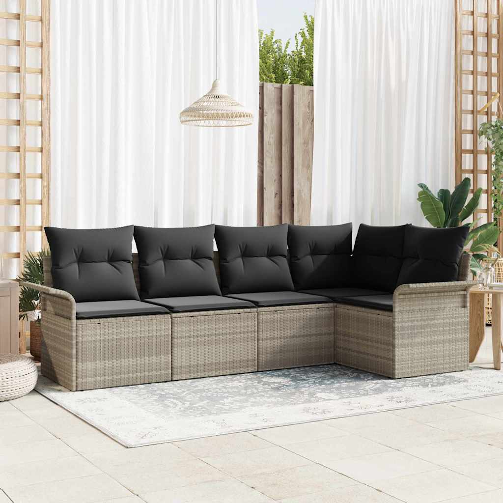 Garten-Sofa-Set mit Kissen 5 pcs Hellgrau Poly Rattan