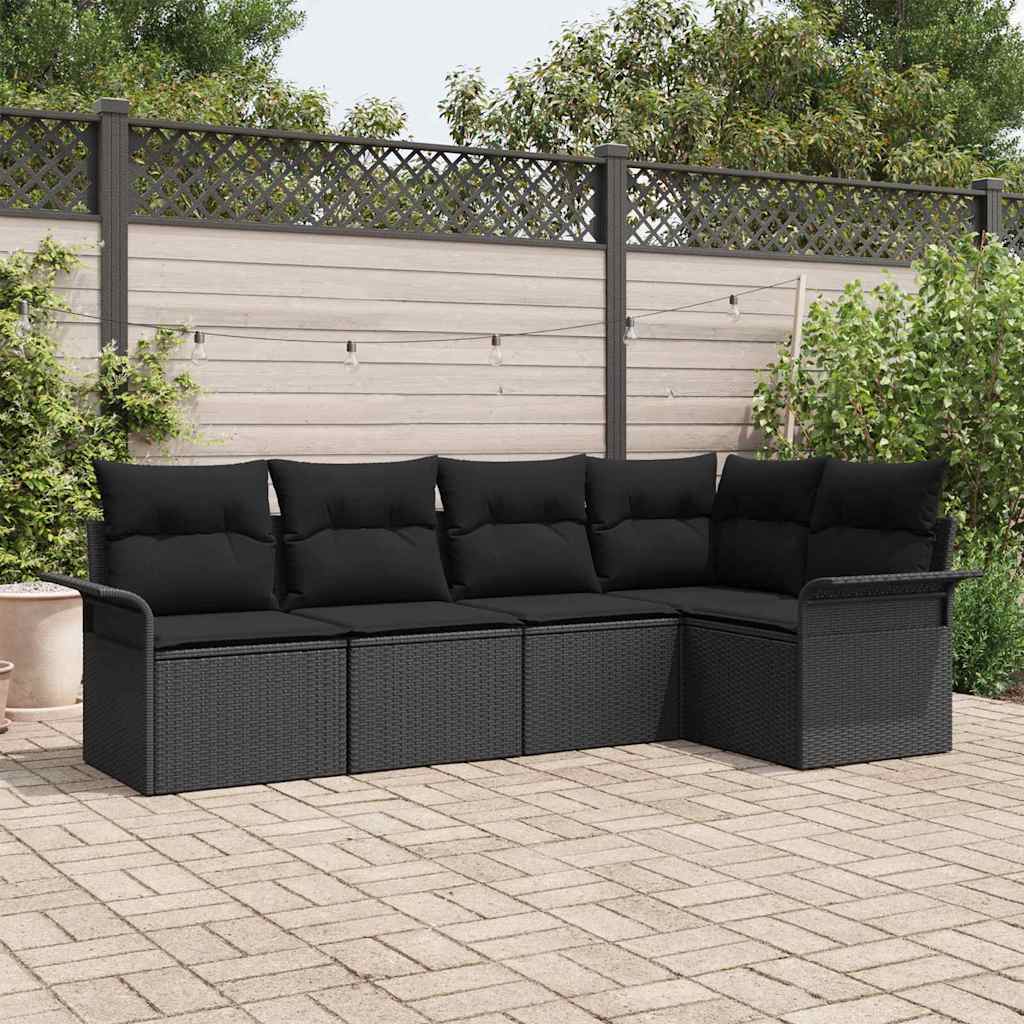 Garten-Sofa-Set mit Kissen 5 pcs Schwarz Poly Rattan