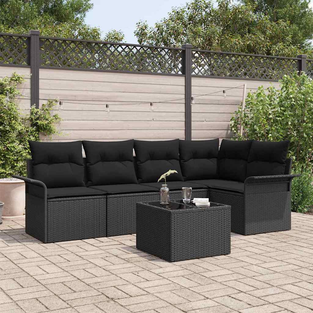 Garten-Sofa-Set mit Kissen 6 pcs Schwarz Poly Rattan