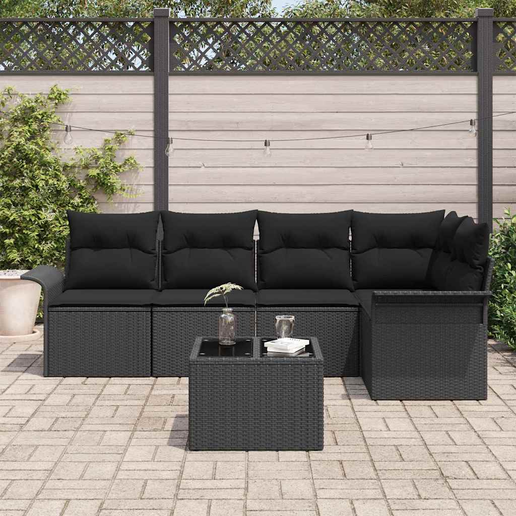 Garten-Sofa-Set mit Kissen 6 pcs Schwarz Poly Rattan
