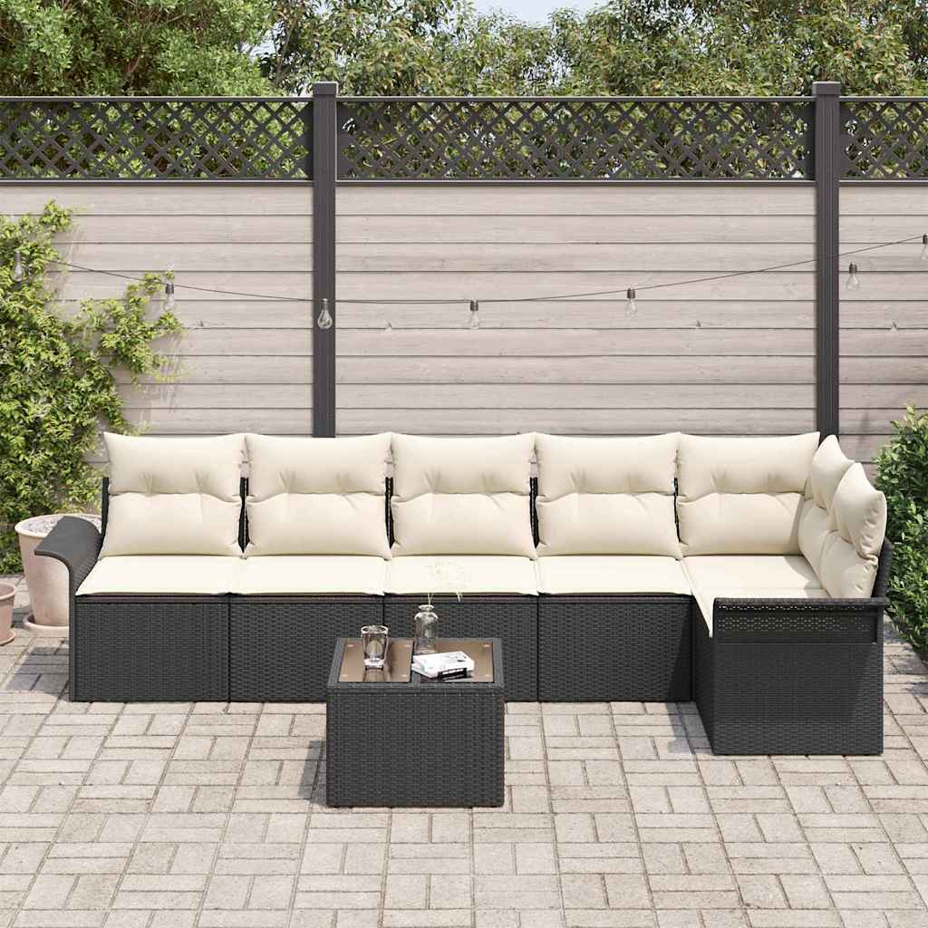 Garten-Sofa-Set mit Kissen 7 pcs Schwarz Poly Rattan