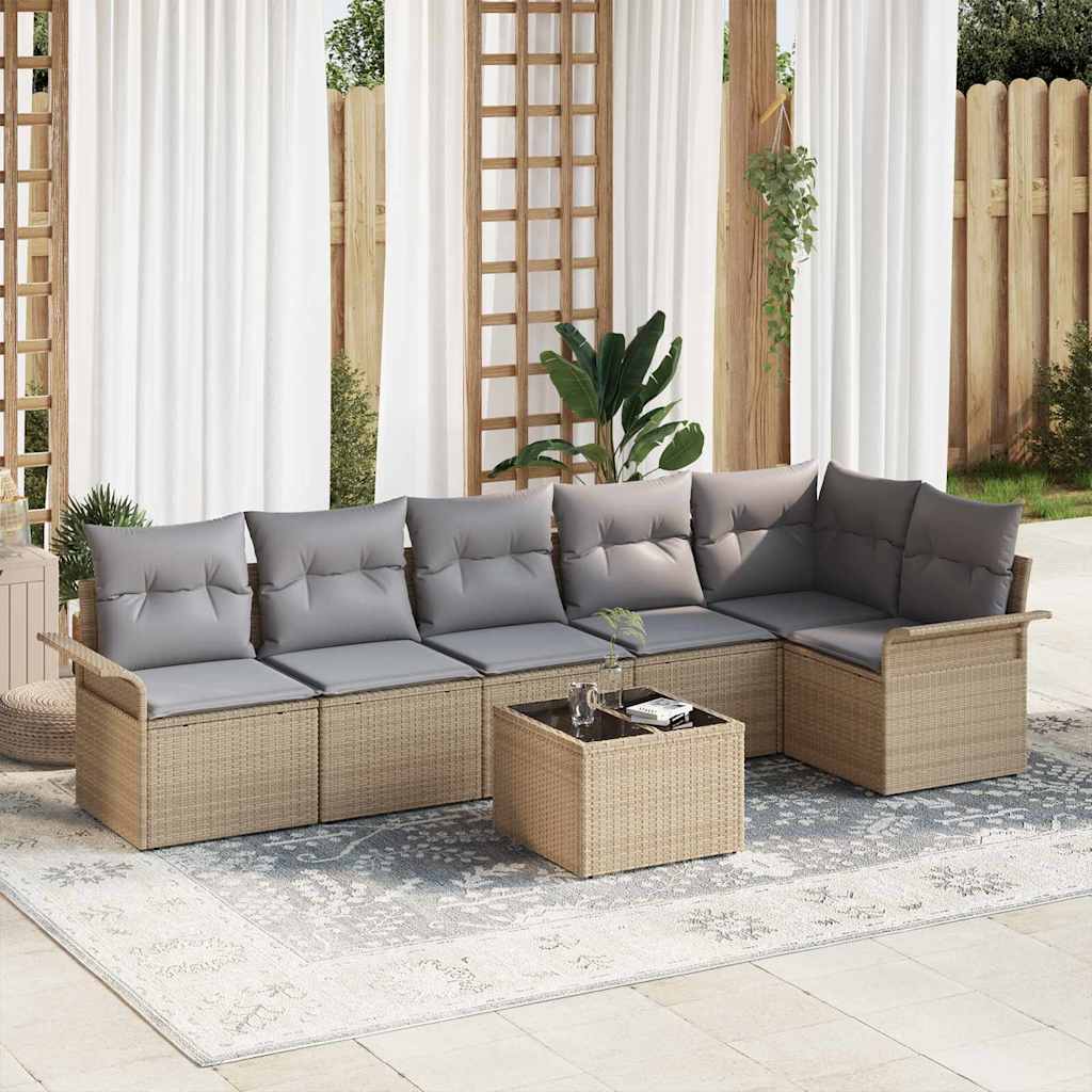 Garten-Sofa-Set mit Kissen mit Speicher 7 pcs Beige Poly Rattan