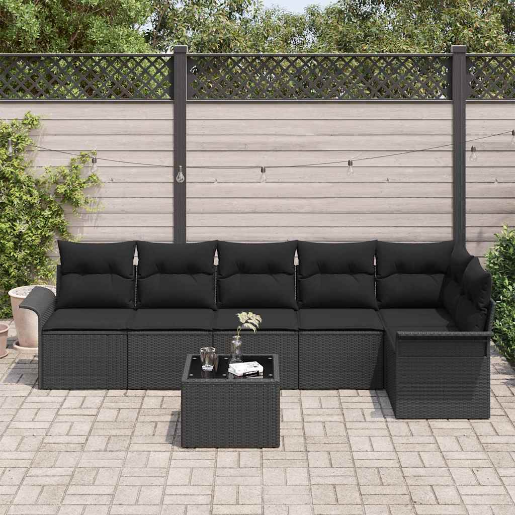 Garten-Sofa-Set mit Kissen 7 pcs Schwarz Poly Rattan