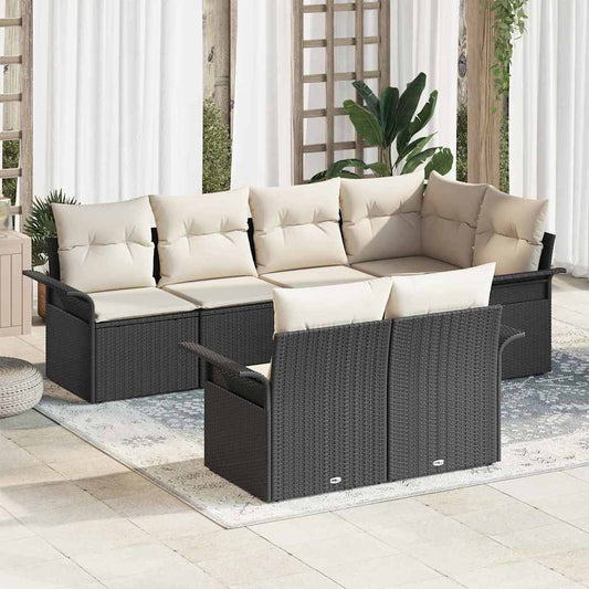 Garten-Sofa-Set mit Kissen 7 pcs Schwarz Poly Rattan