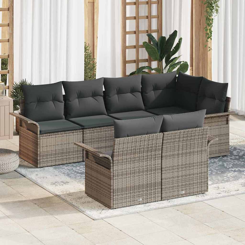 Garten-Sofa-Set mit Kissen mit Speicher 7 pcs Grau Poly Rattan
