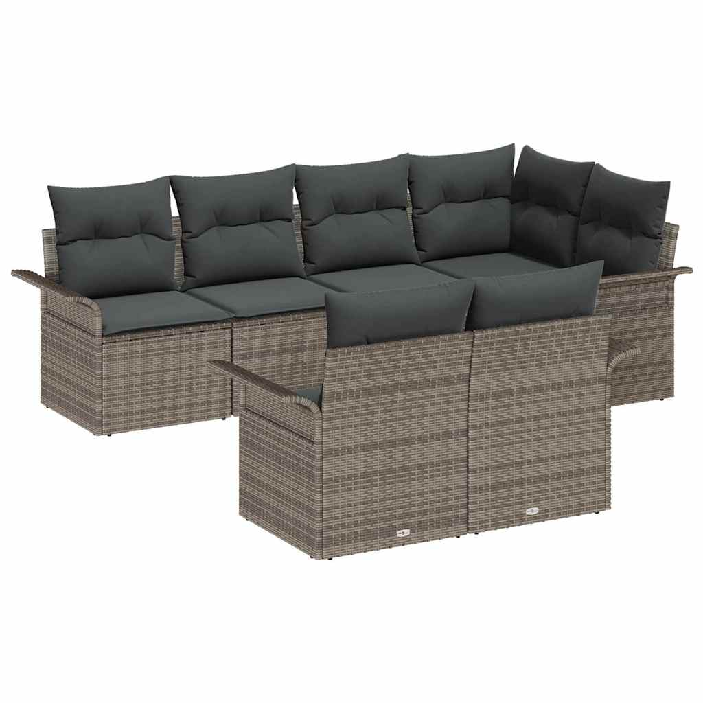 Garten-Sofa-Set mit Kissen mit Speicher 7 pcs Grau Poly Rattan
