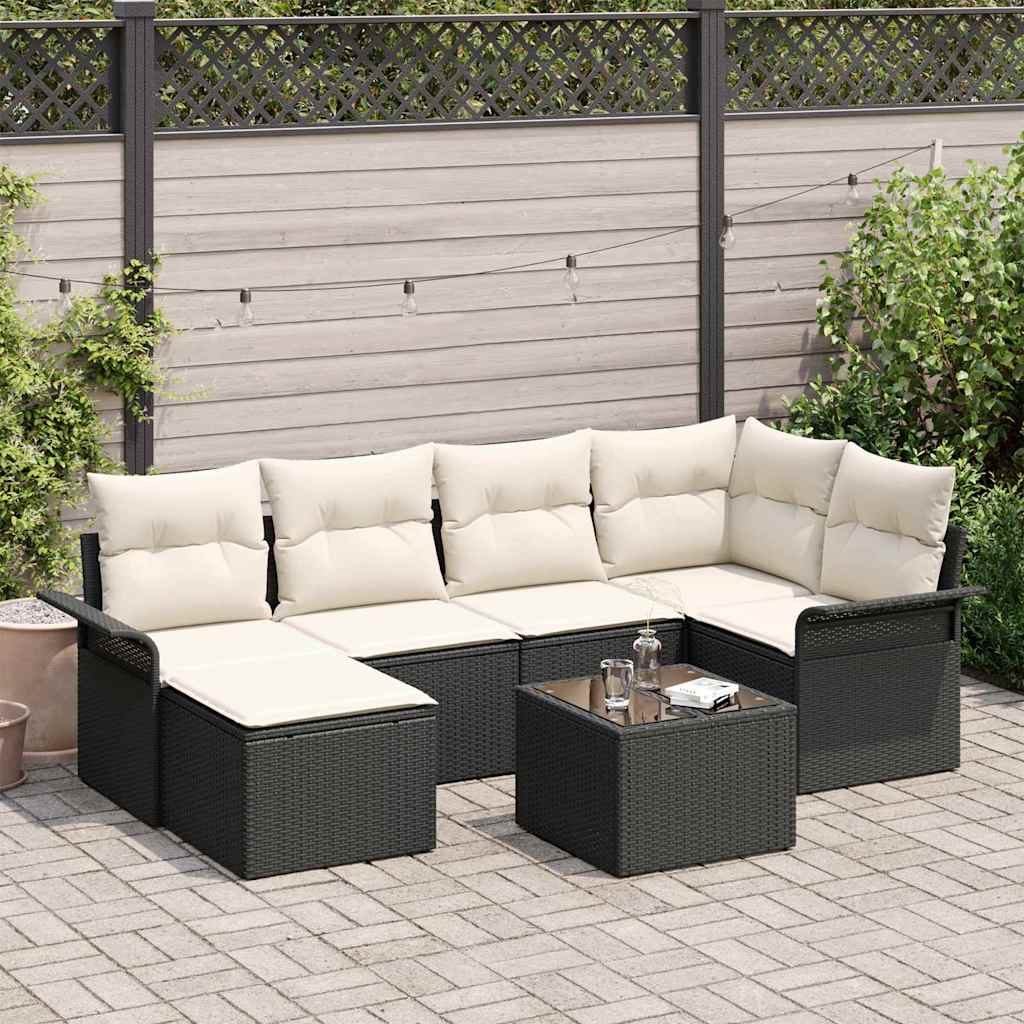 Garten-Sofa-Set mit Kissen 7 pcs Schwarz Poly Rattan