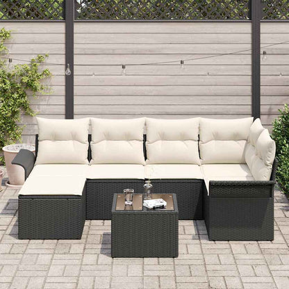 Garten-Sofa-Set mit Kissen 7 pcs Schwarz Poly Rattan