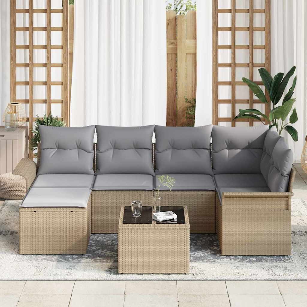 Garten-Sofa-Set mit Kissen mit Speicher 7 pcs Beige Poly Rattan