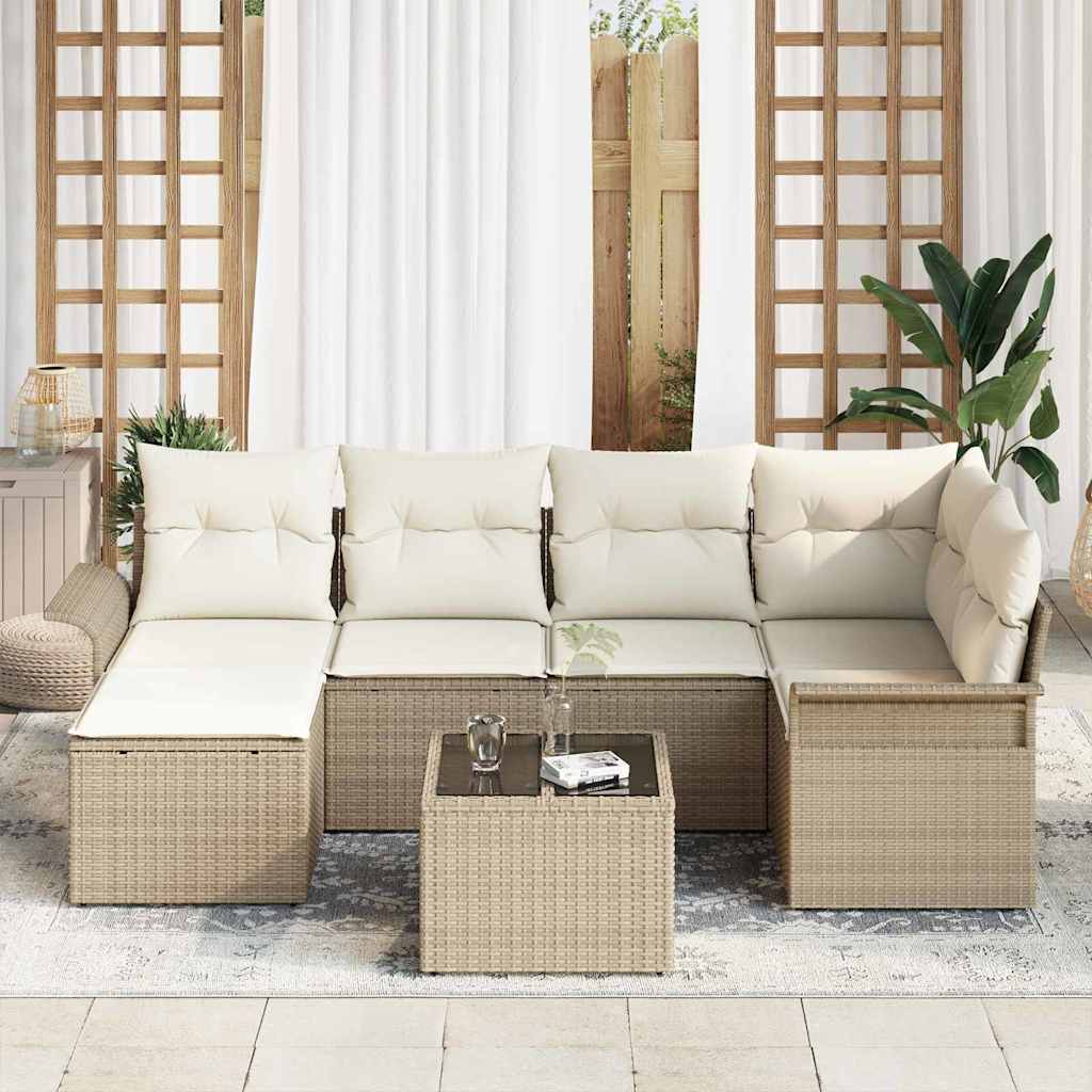 Garten-Sofa-Set mit Kissen mit Speicher 7 pcs Beige Poly Rattan