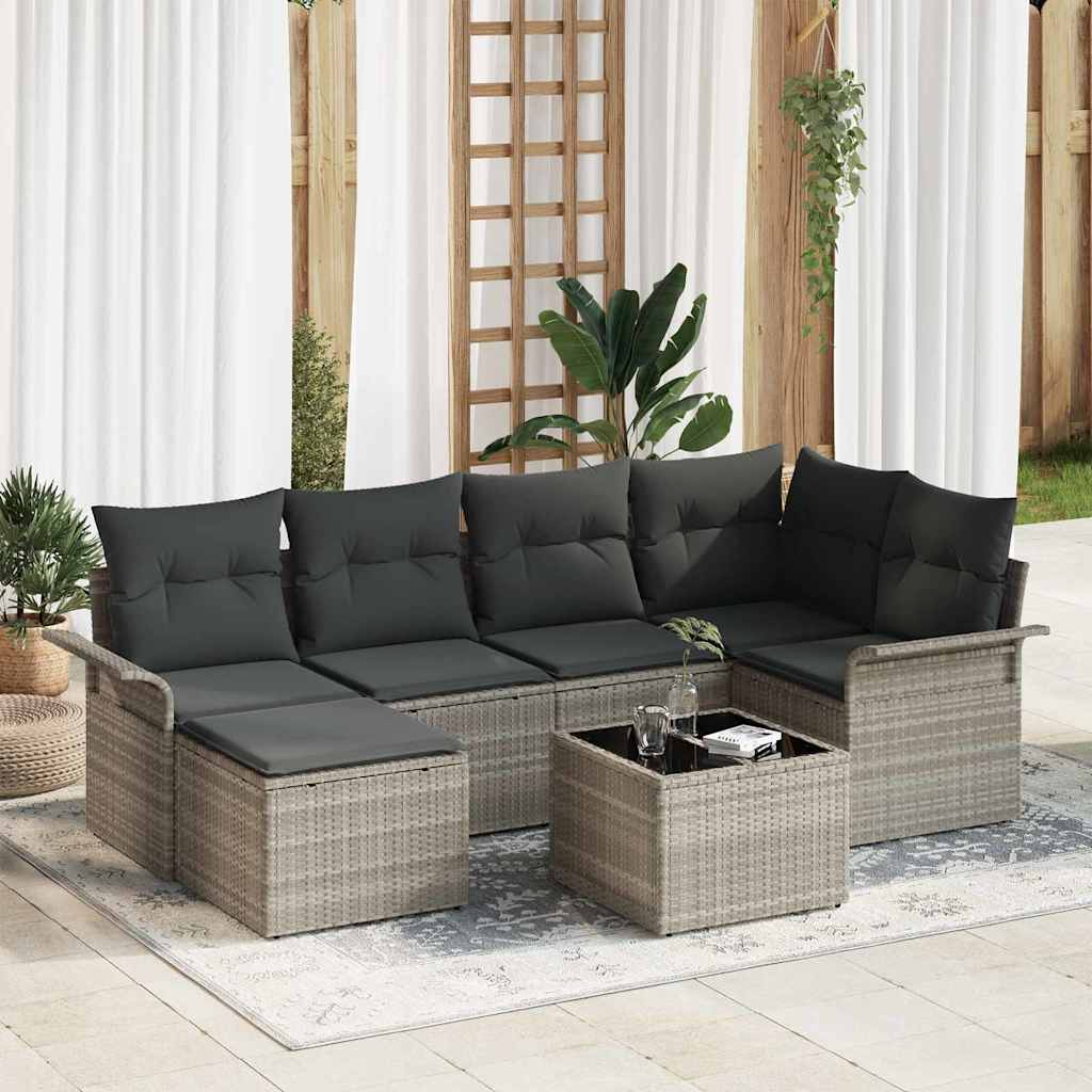 Garten-Sofa-Set mit Kissen 7 pcs Hellgrau Poly Rattan